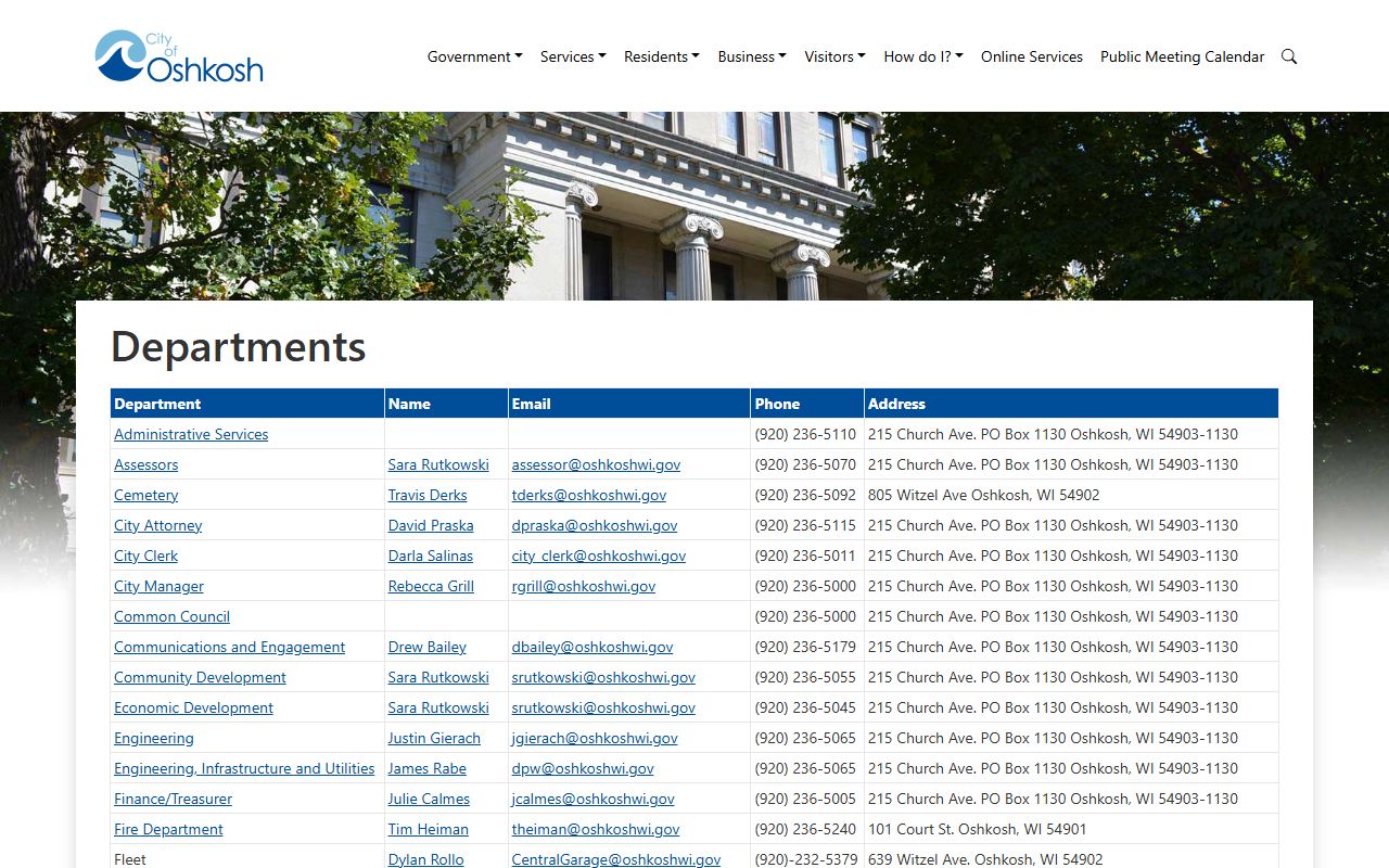 Oshkosh White Pages city departments directory